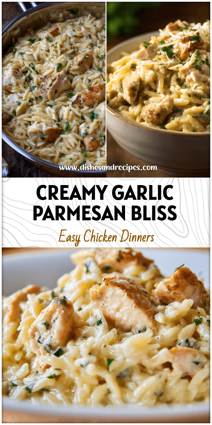 Bowl of creamy garlic parmesan chicken orzo with tender chicken pieces and cheesy small pasta.
